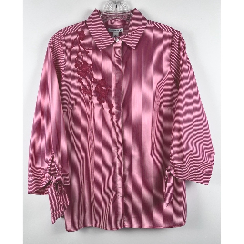 Croft & Barrow Women Embroidered Striped 3/4 Sleeve Button-Up Shirt Red-Pink S